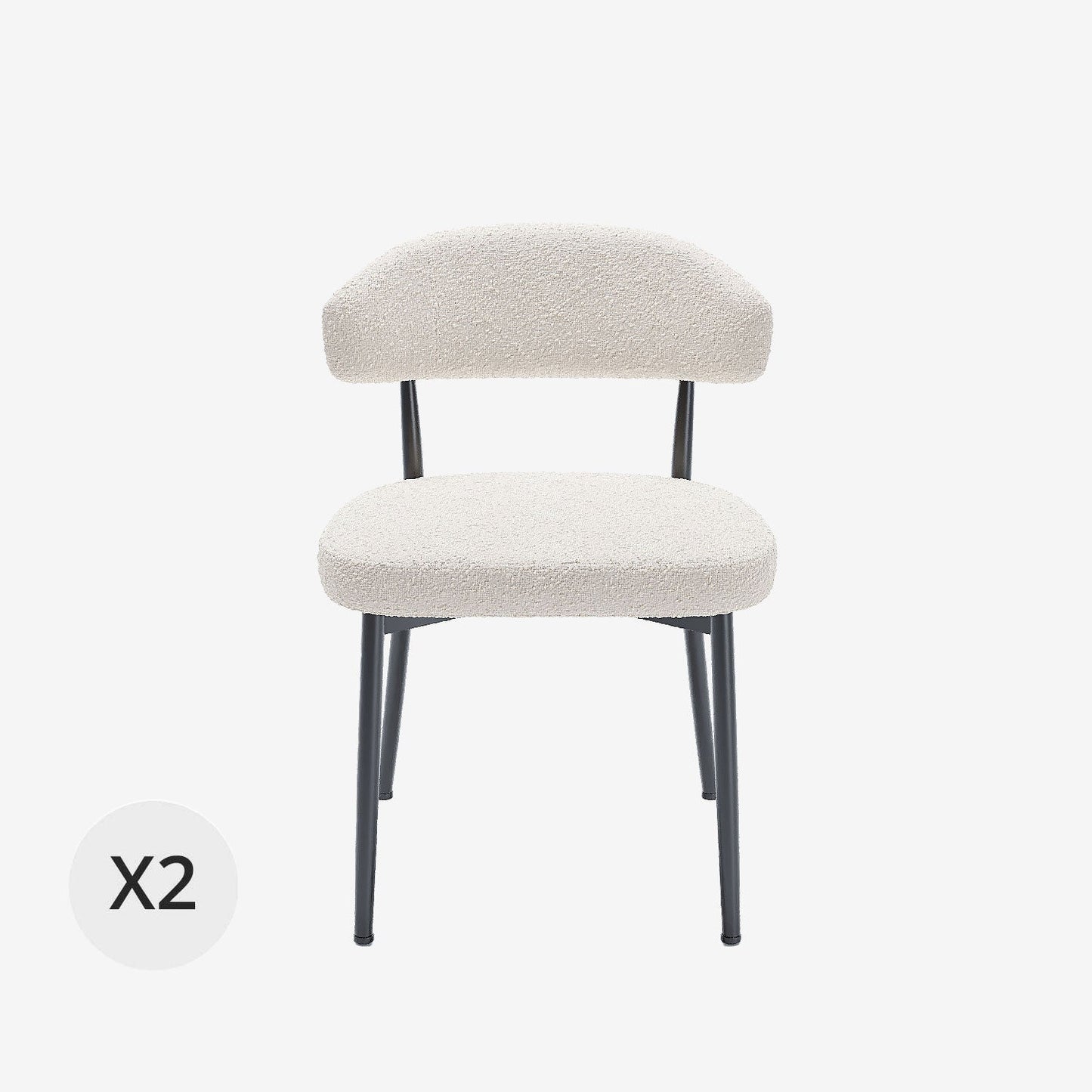 Lot de 2 chaises de salle à manger en tissu bouclette blanche & métal noir Mona