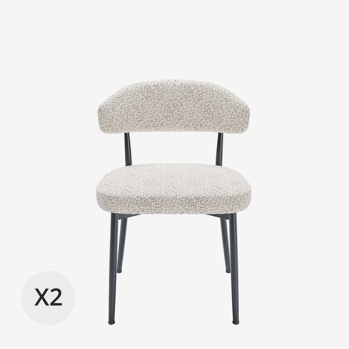 Lot de 2 chaises de salle à manger en tissu bouclette gris et blanc & métal noir Mona