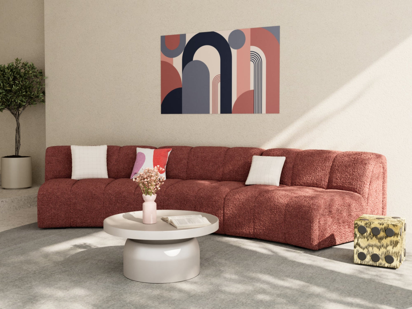 Chauffeuse d'angle pour canapé modulable en tissu bouclette rose Hélène