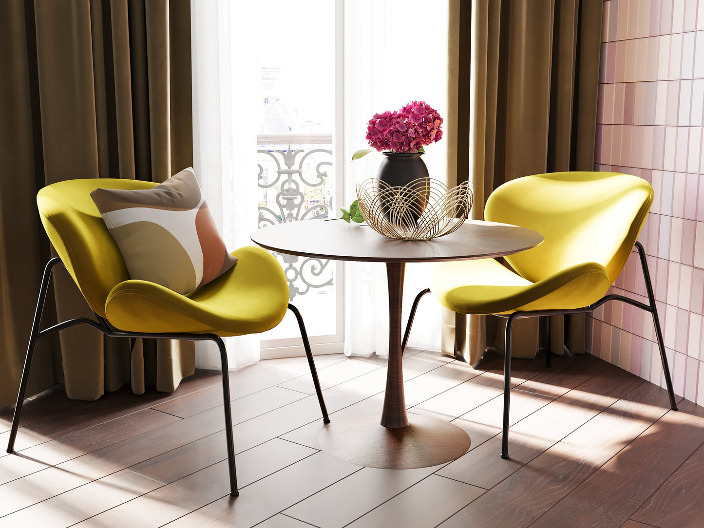 Fauteuil en velours jaune moutarde