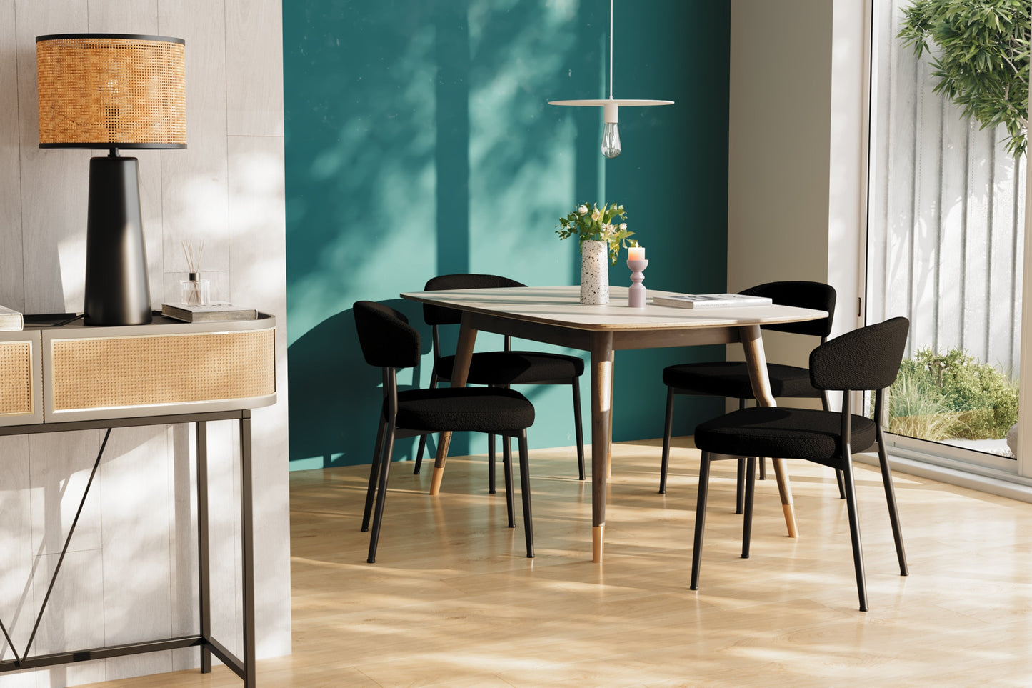 Lot de 2 chaises de salle à manger en tissu bouclette gris anthracite & métal noir Mona