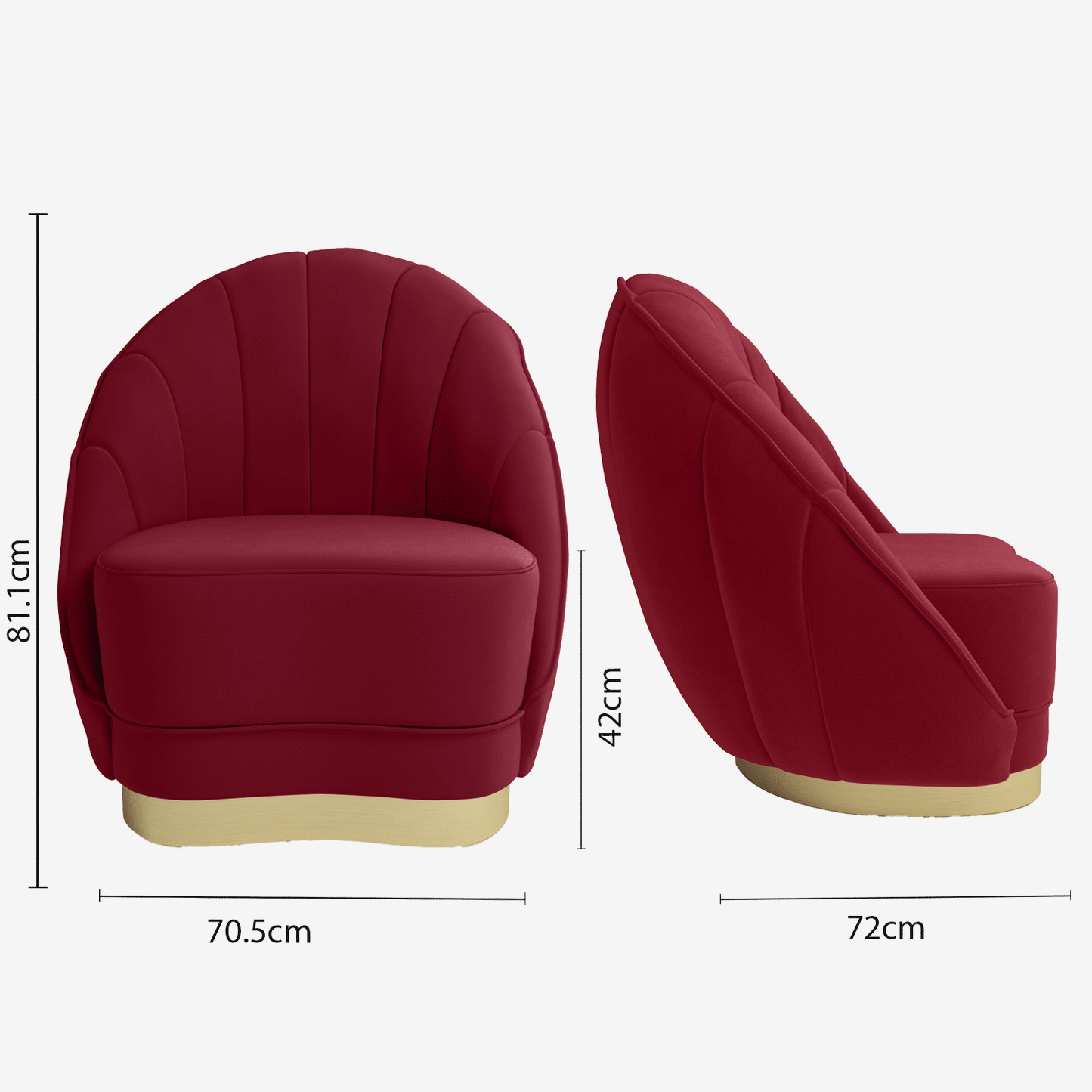 Fauteuil en velours bordeaux, piètement cerclage doré effet laiton