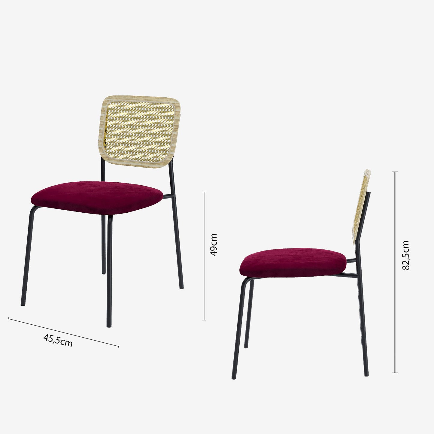 Lot de 2 chaises en rotin et velours bordeaux Juna