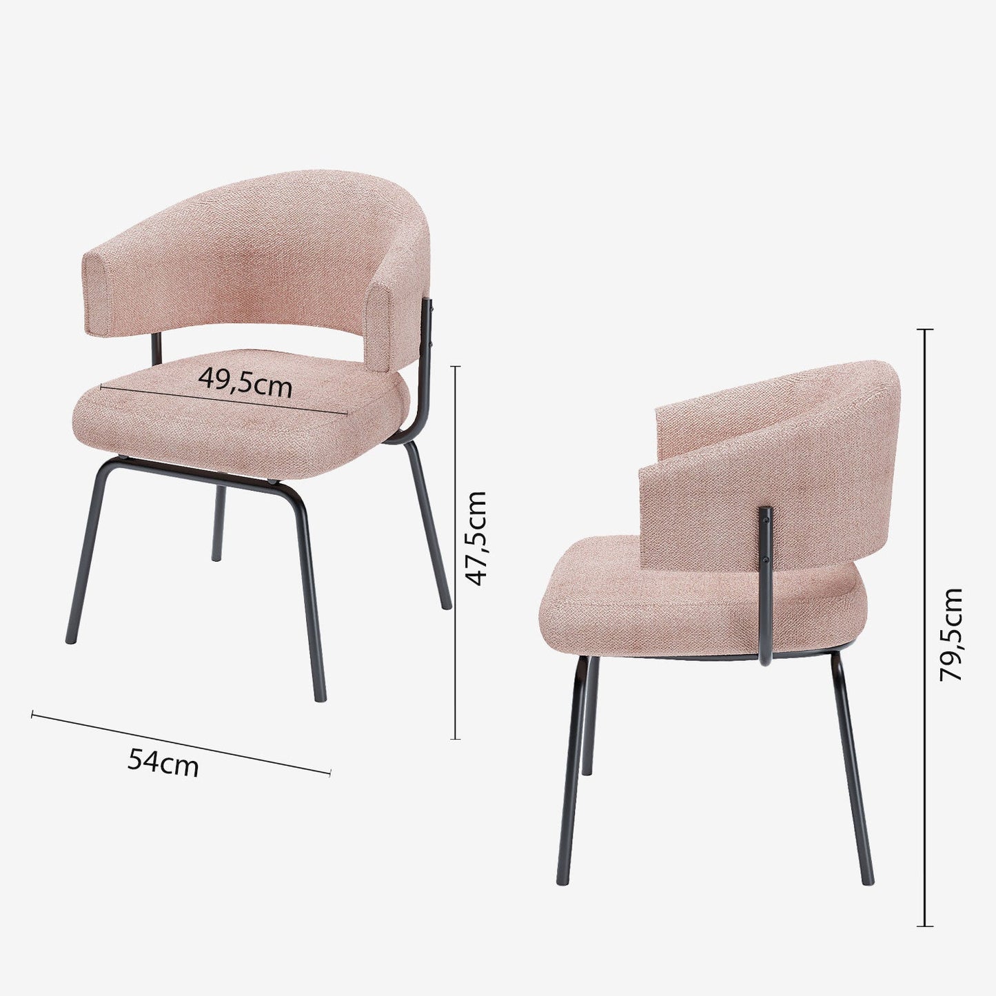 Lot de 2 chaises avec accoudoirs tendance en tissu chenille rose poudré Silva
