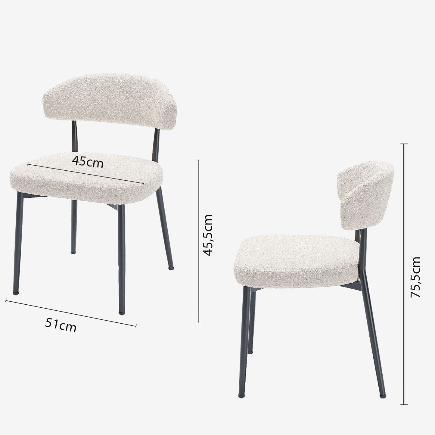 Lot de 2 chaises de salle à manger en tissu bouclette blanche & métal noir Mona