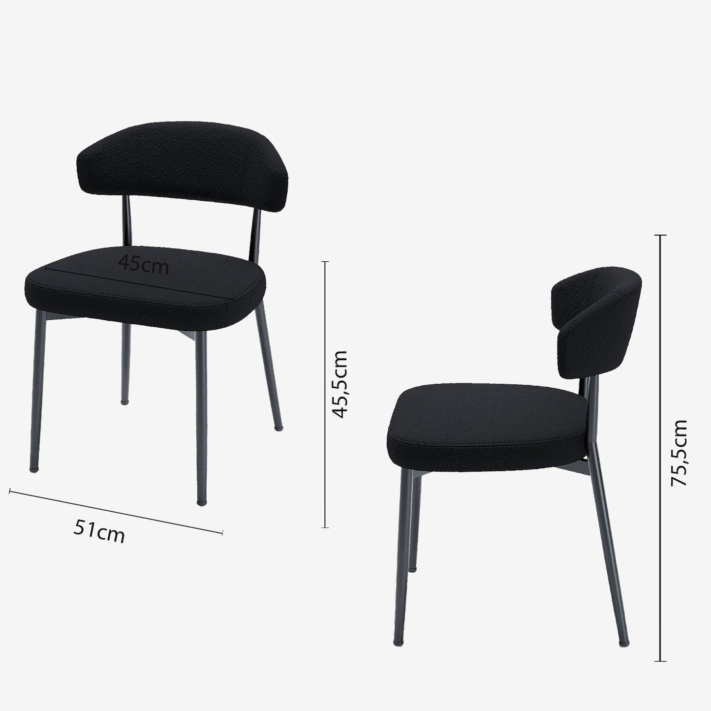 Lot de 2 chaises de salle à manger en tissu bouclette gris anthracite & métal noir Mona