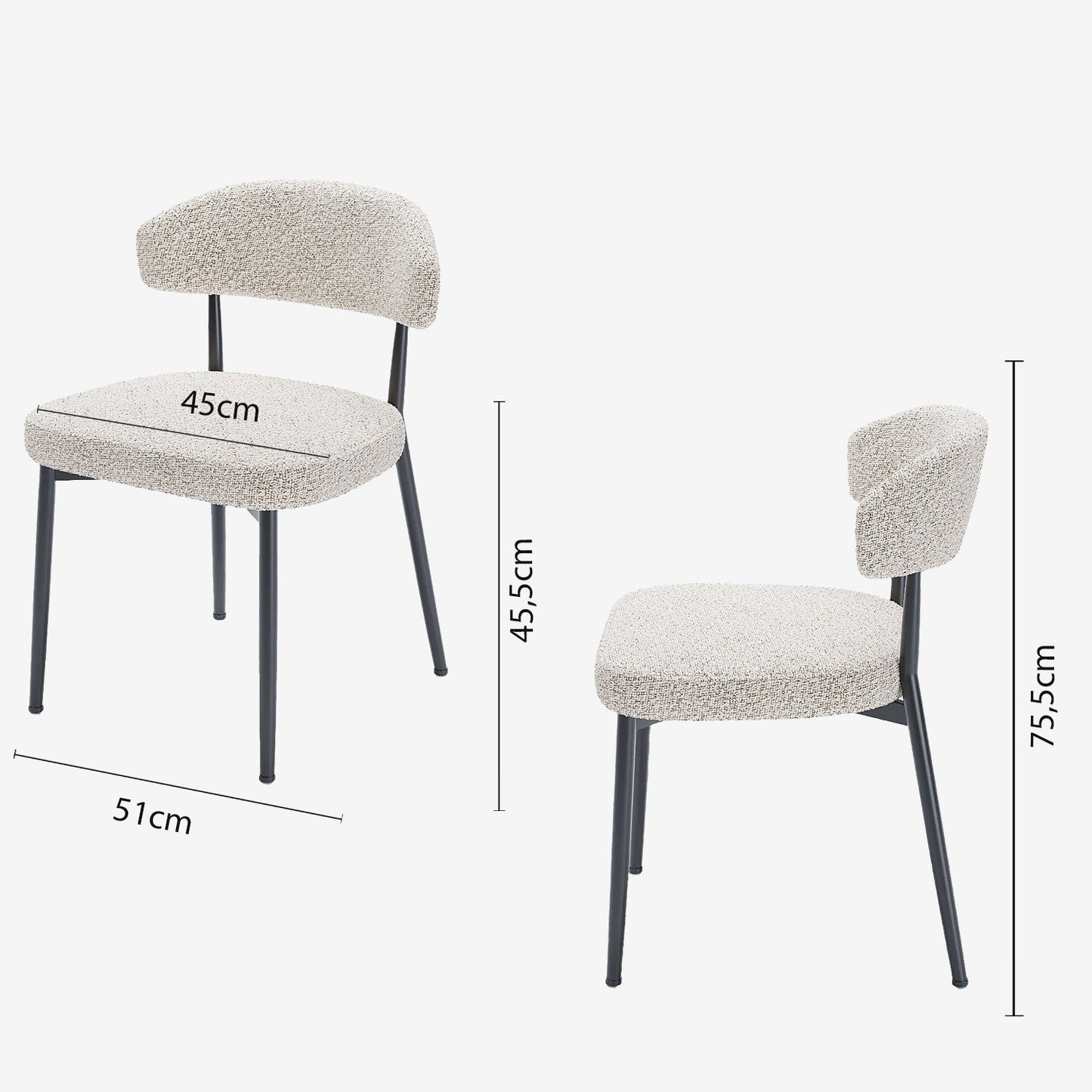 Lot de 2 chaises de salle à manger en tissu bouclette gris et blanc & métal noir Mona