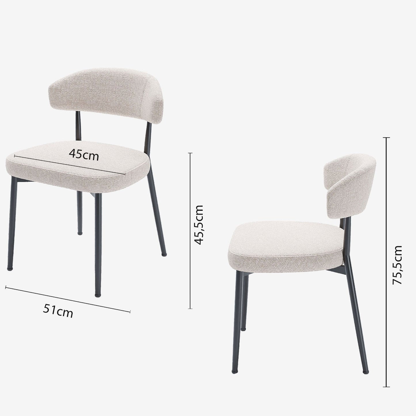 Lot de 2 chaises de salle à manger en velours crème & métal noir Mona