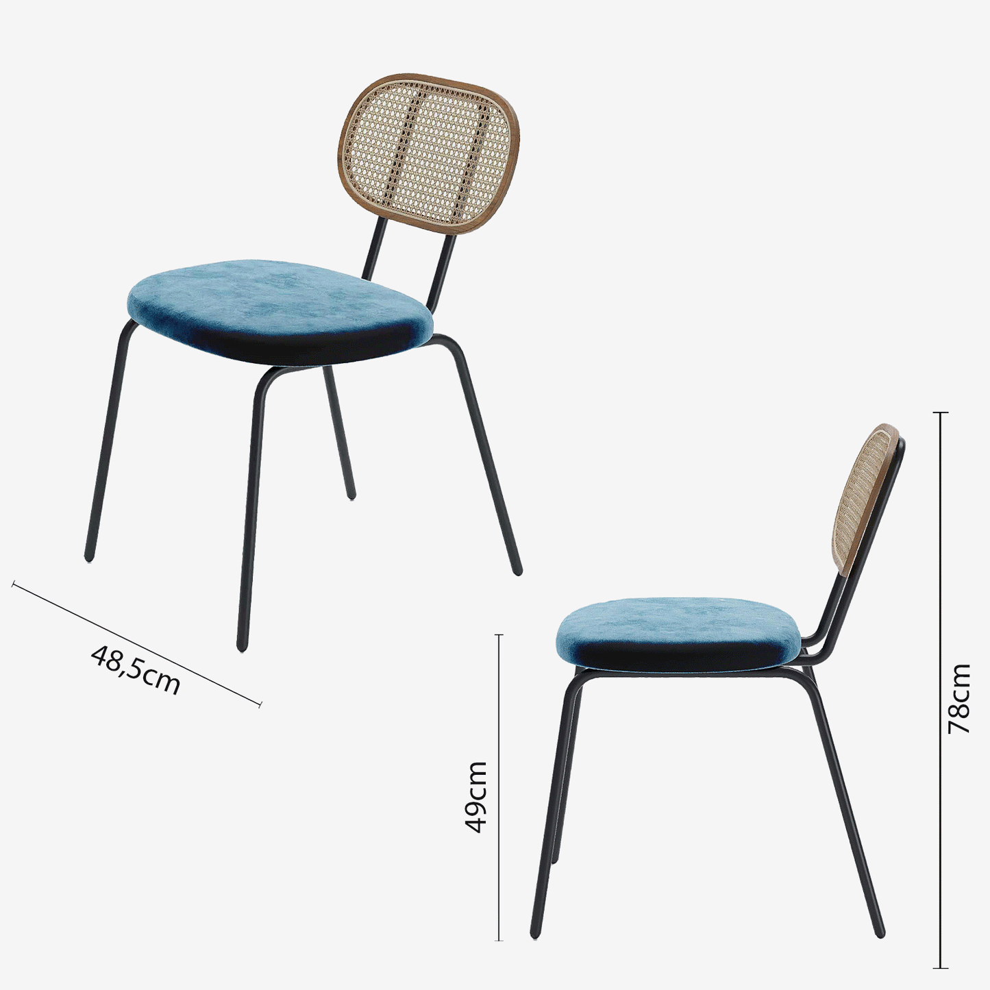Lot de 2 chaises en rotin et velours bleu Gabrielle