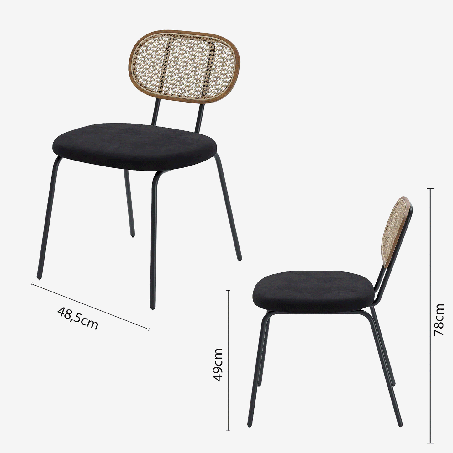 Lot de 2 chaises en rotin et velours noir Gabrielle