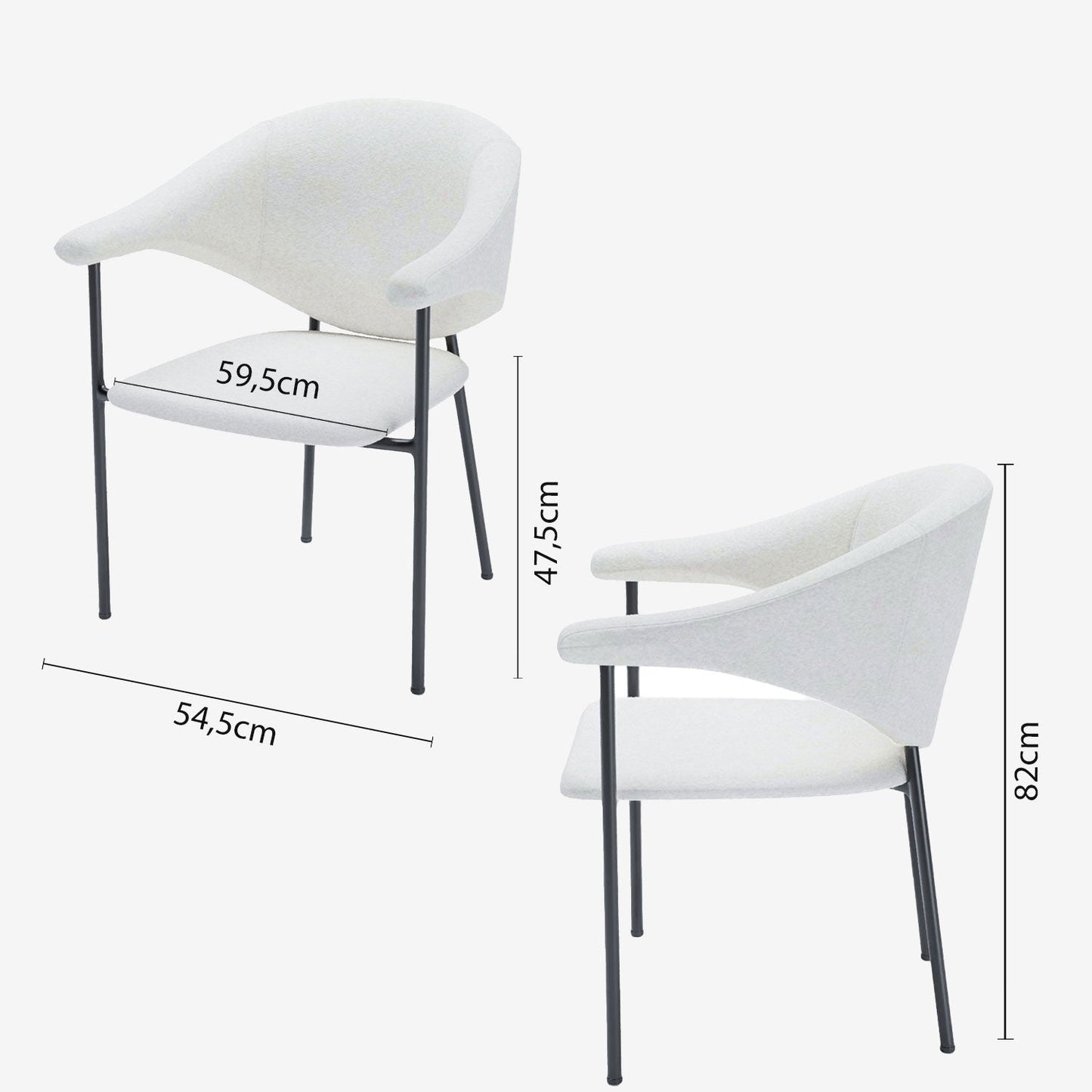 Lot de 2 chaises avec accoudoir design en velours blanc crème Jeanne