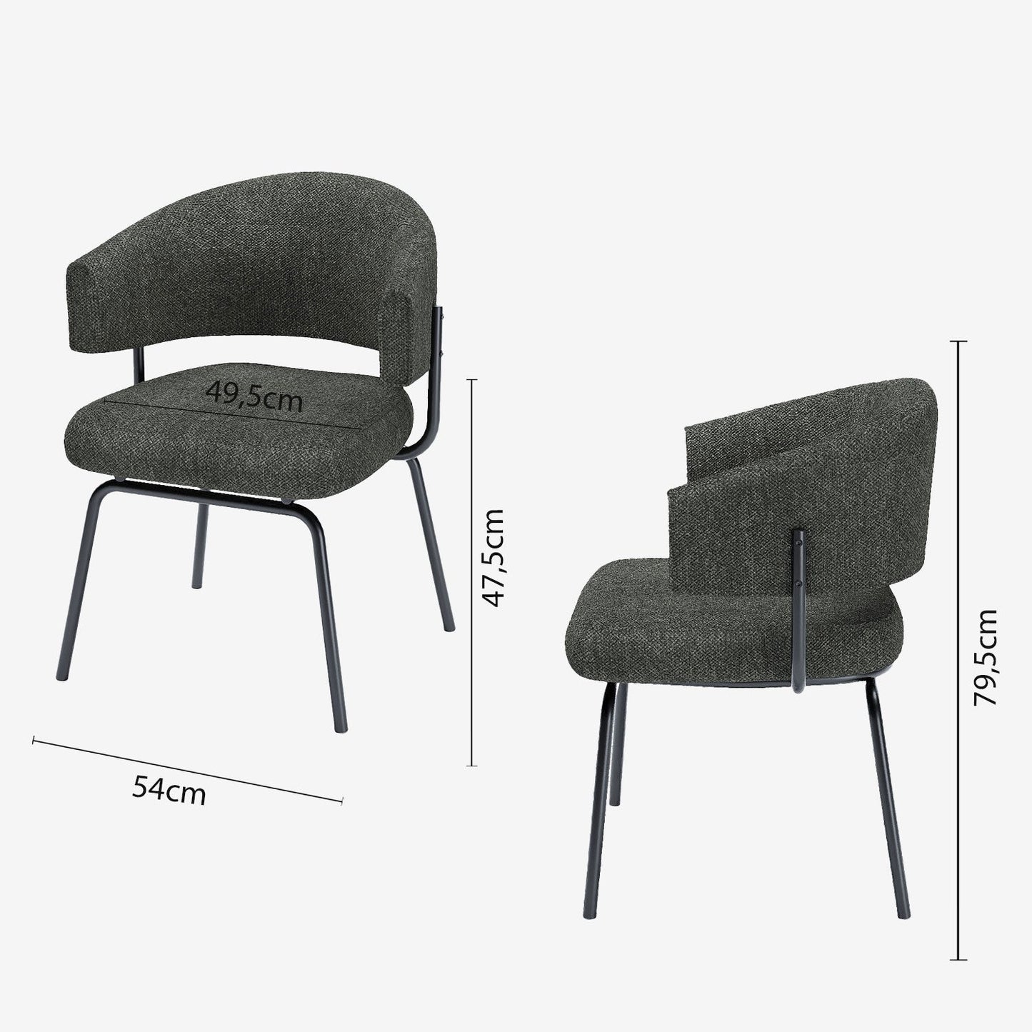Lot de 2 chaises avec accoudoirs tendance en tissu chenille gris-anthracite Silva
