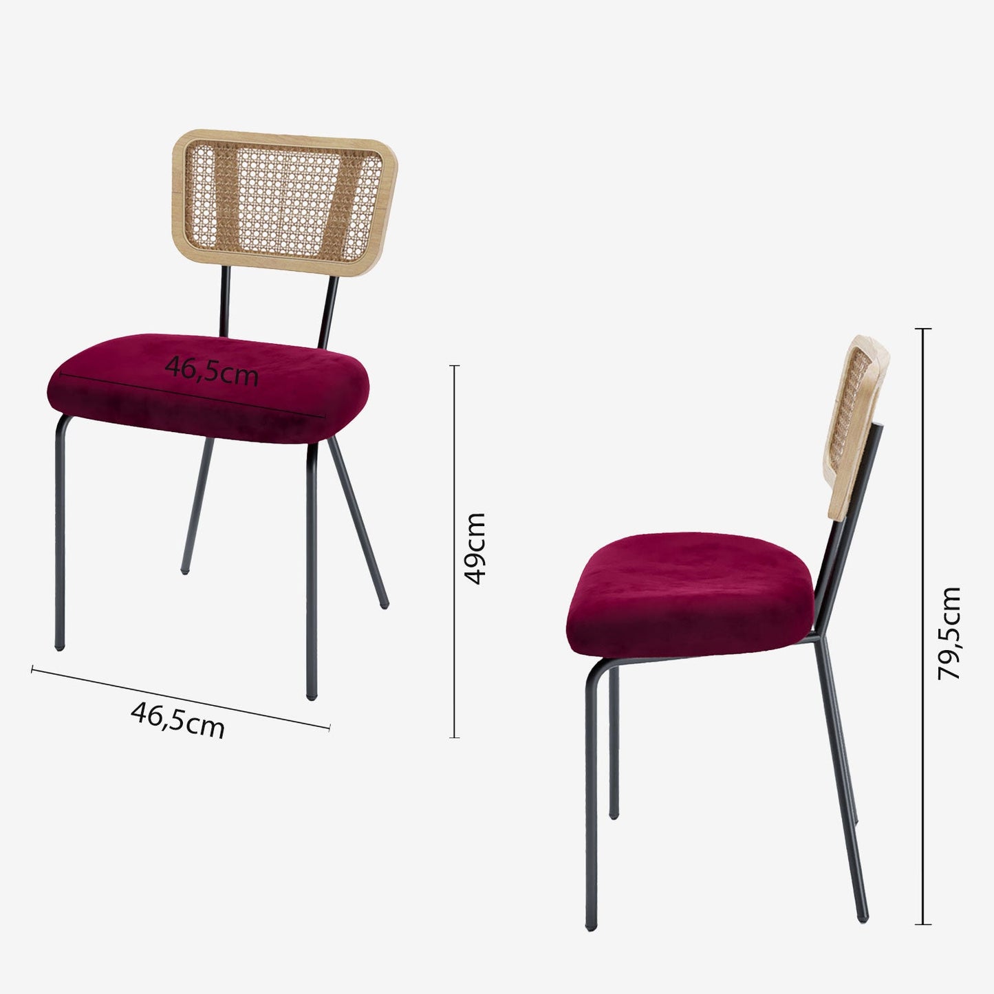 Lot de 2 chaises dossier rotin coussin velours bordeaux Sofia