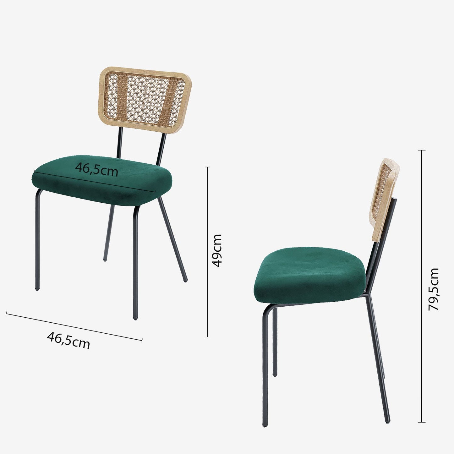 Lot de 2 chaises dossier rotin coussin velours vert Sofia