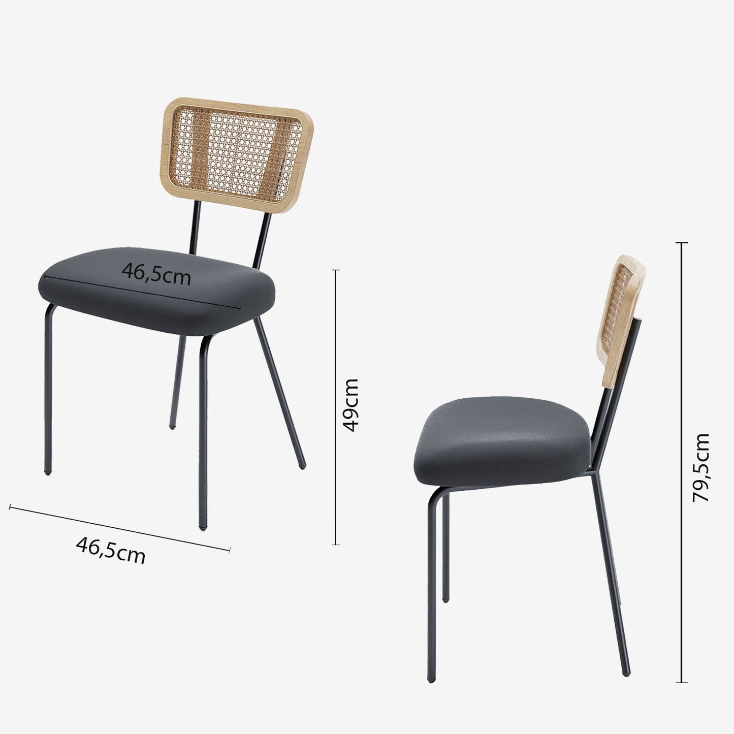Lot de 2 chaises dossier rotin coussin velours noir Sofia