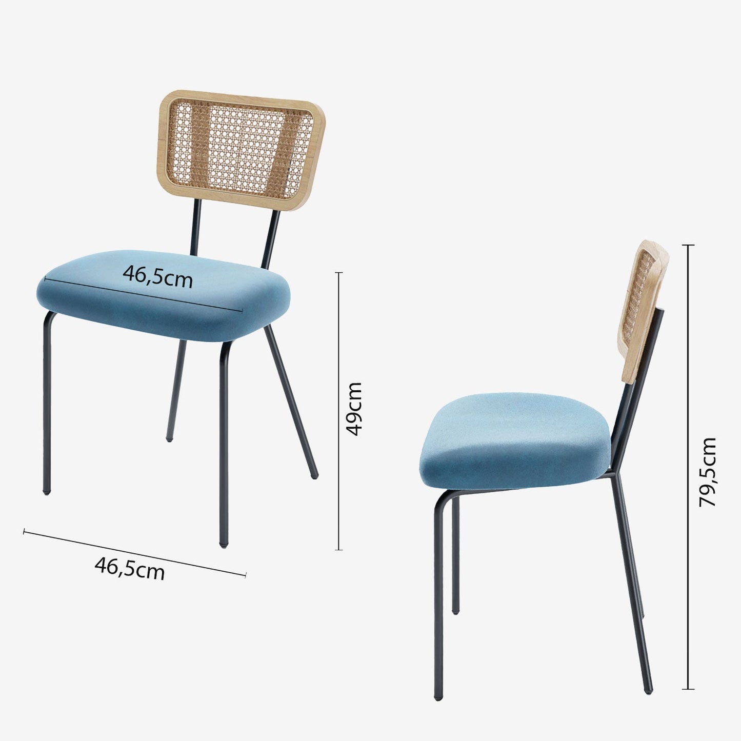 Lot de 2 chaises dossier rotin coussin velours bleu Sofia