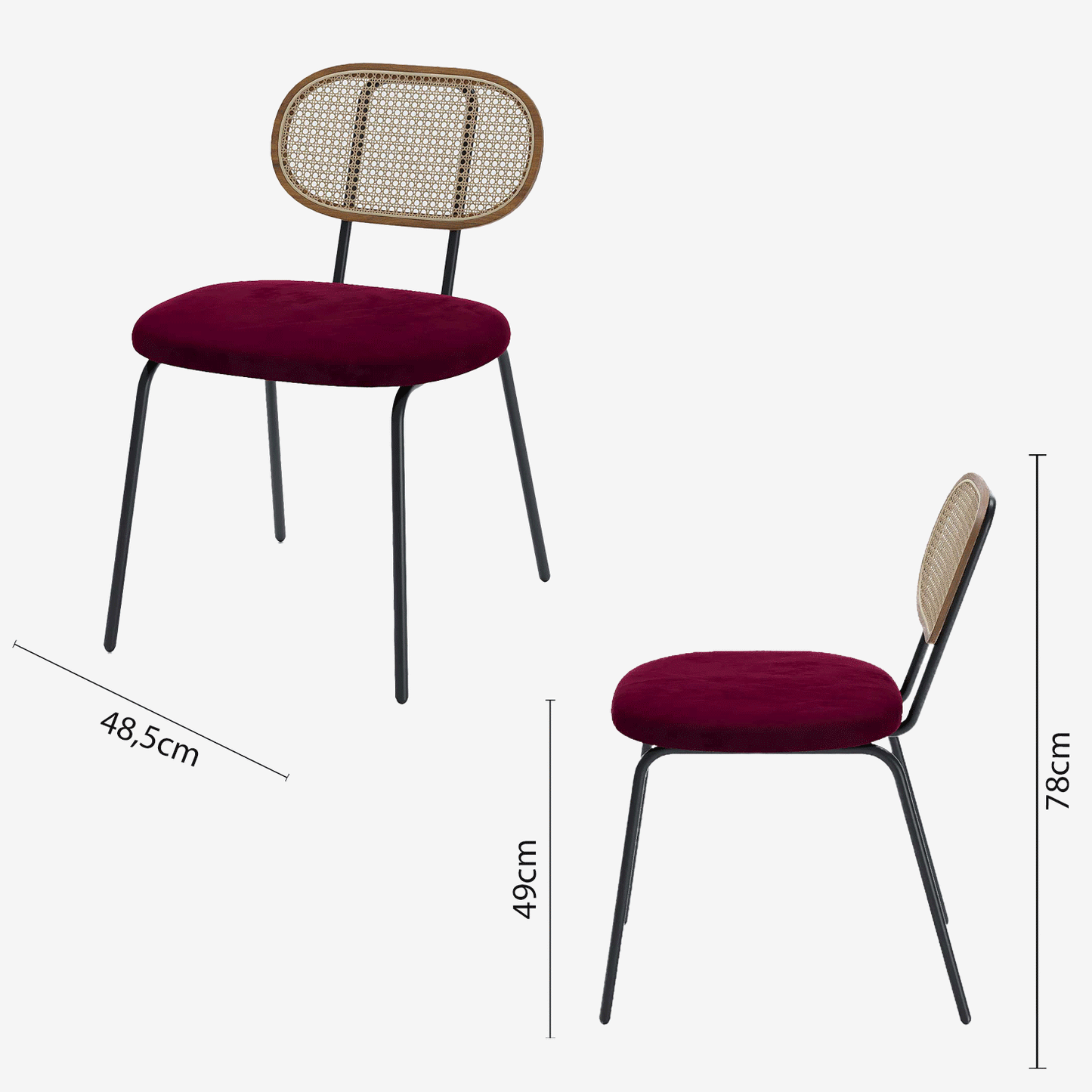 Lot de 2 chaises en rotin et velours bordeaux Gabrielle