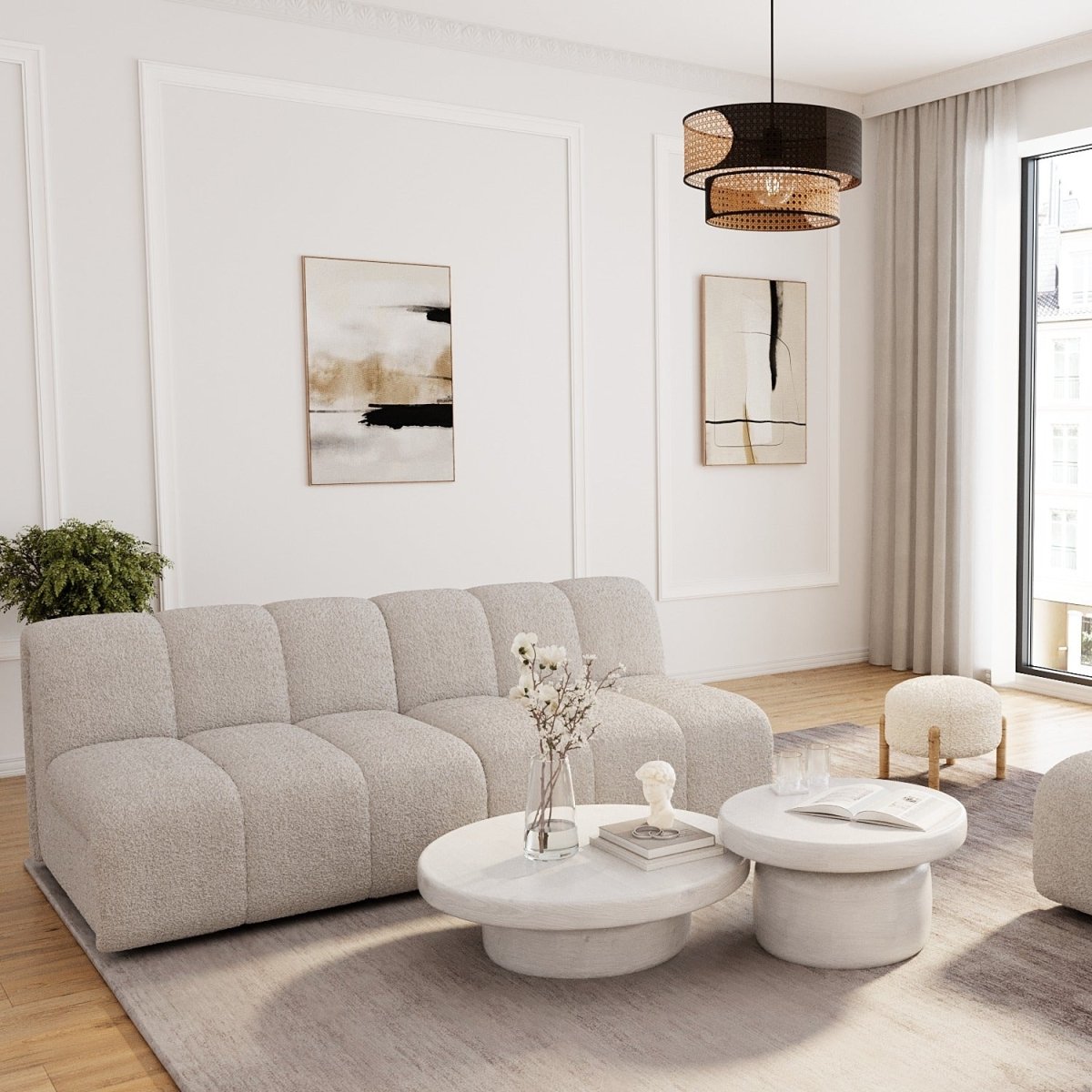 Canapé modulable en tissu bouclette gris-crème