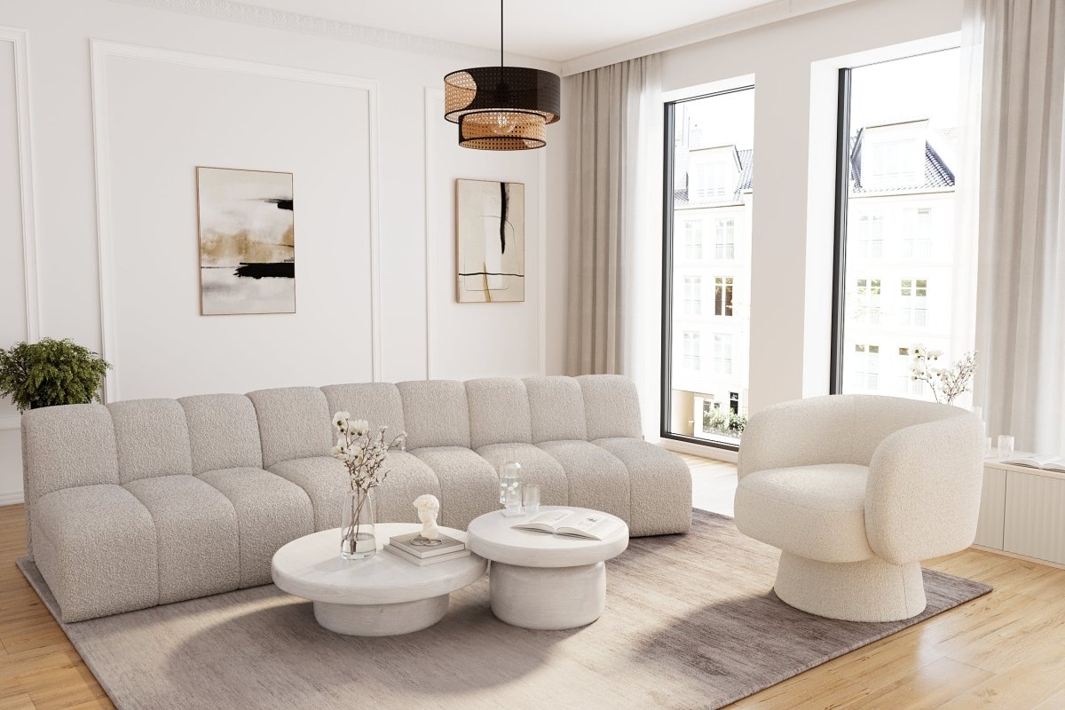 Canapé modulable en tissu bouclette gris-crème