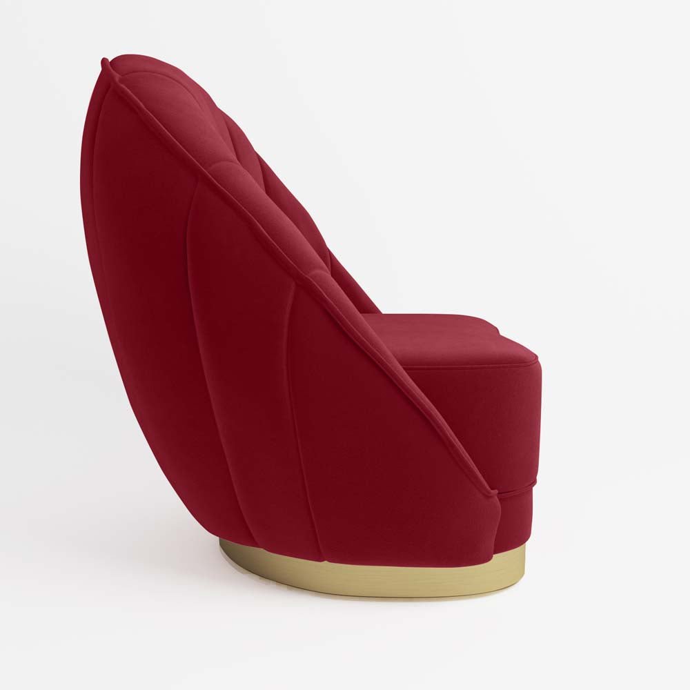Fauteuil en velours bordeaux, piètement cerclage doré effet laiton