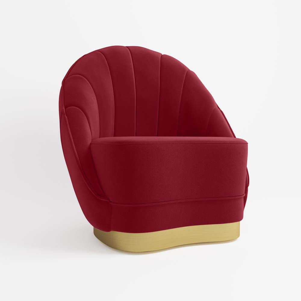 Fauteuil en velours bordeaux, piètement cerclage doré effet laiton