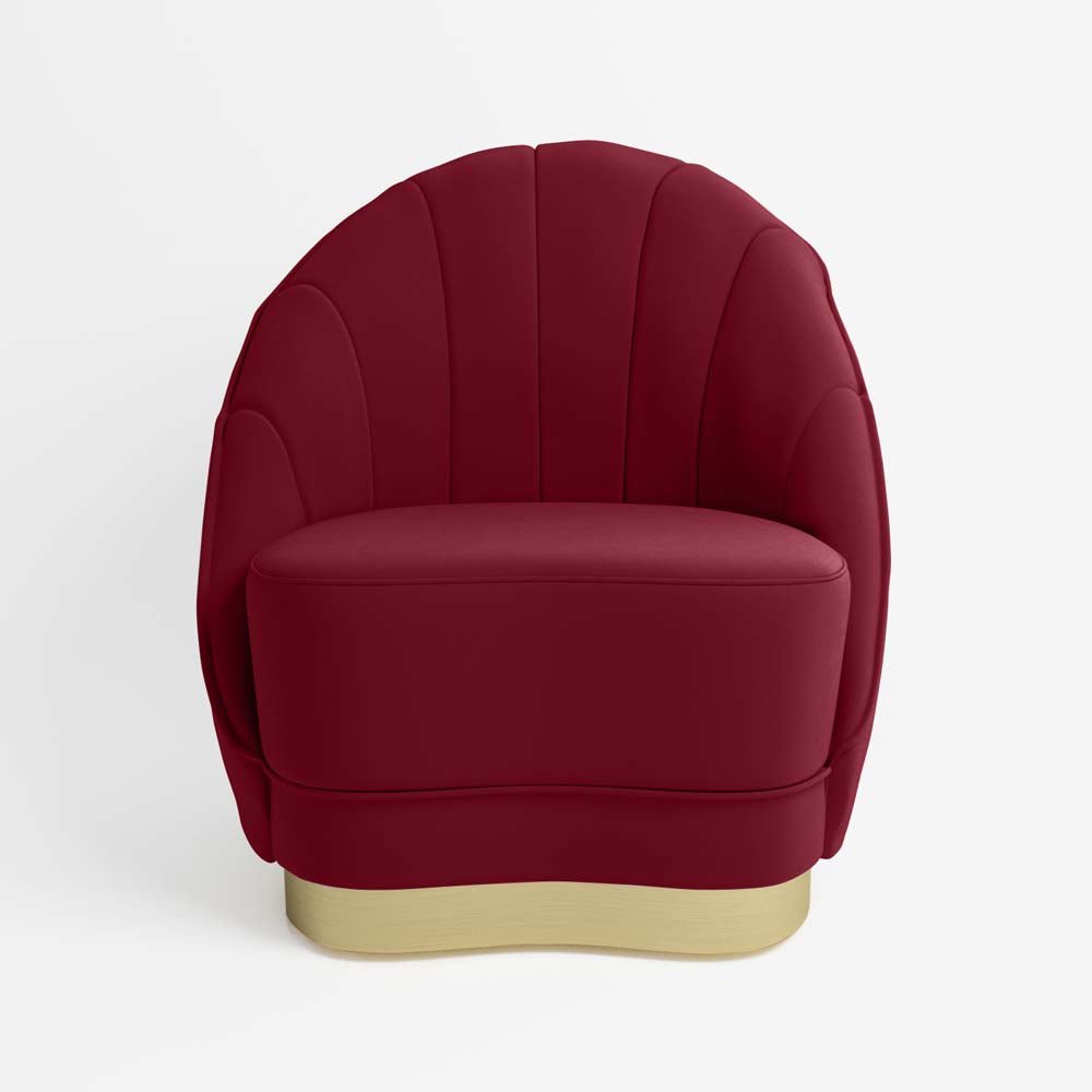 Fauteuil en velours bordeaux, piètement cerclage doré effet laiton