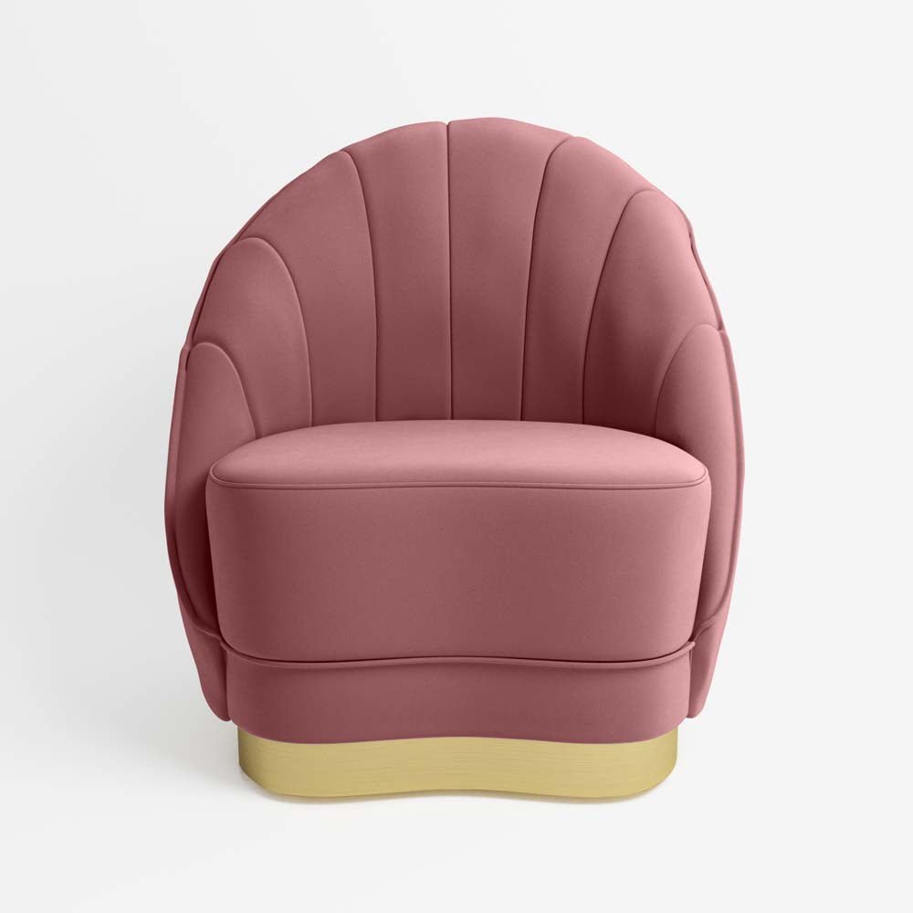 Fauteuil en velours rose vintage, piètement cerclage doré effet laiton