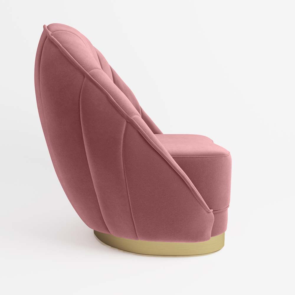 Fauteuil en velours rose vintage, piètement cerclage doré effet laiton
