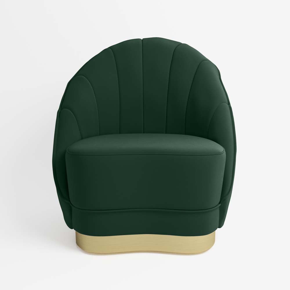 Fauteuil en velours vert sapin, piètement cerclage doré effet laiton