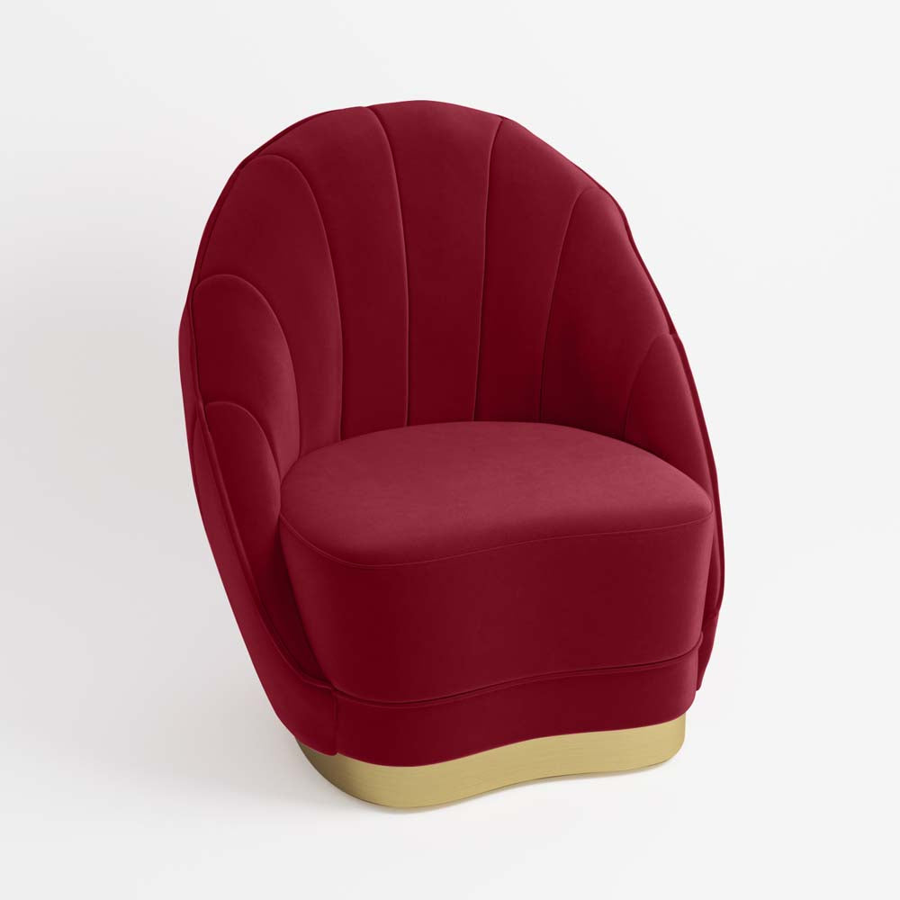 Fauteuil en velours bordeaux, piètement cerclage doré effet laiton