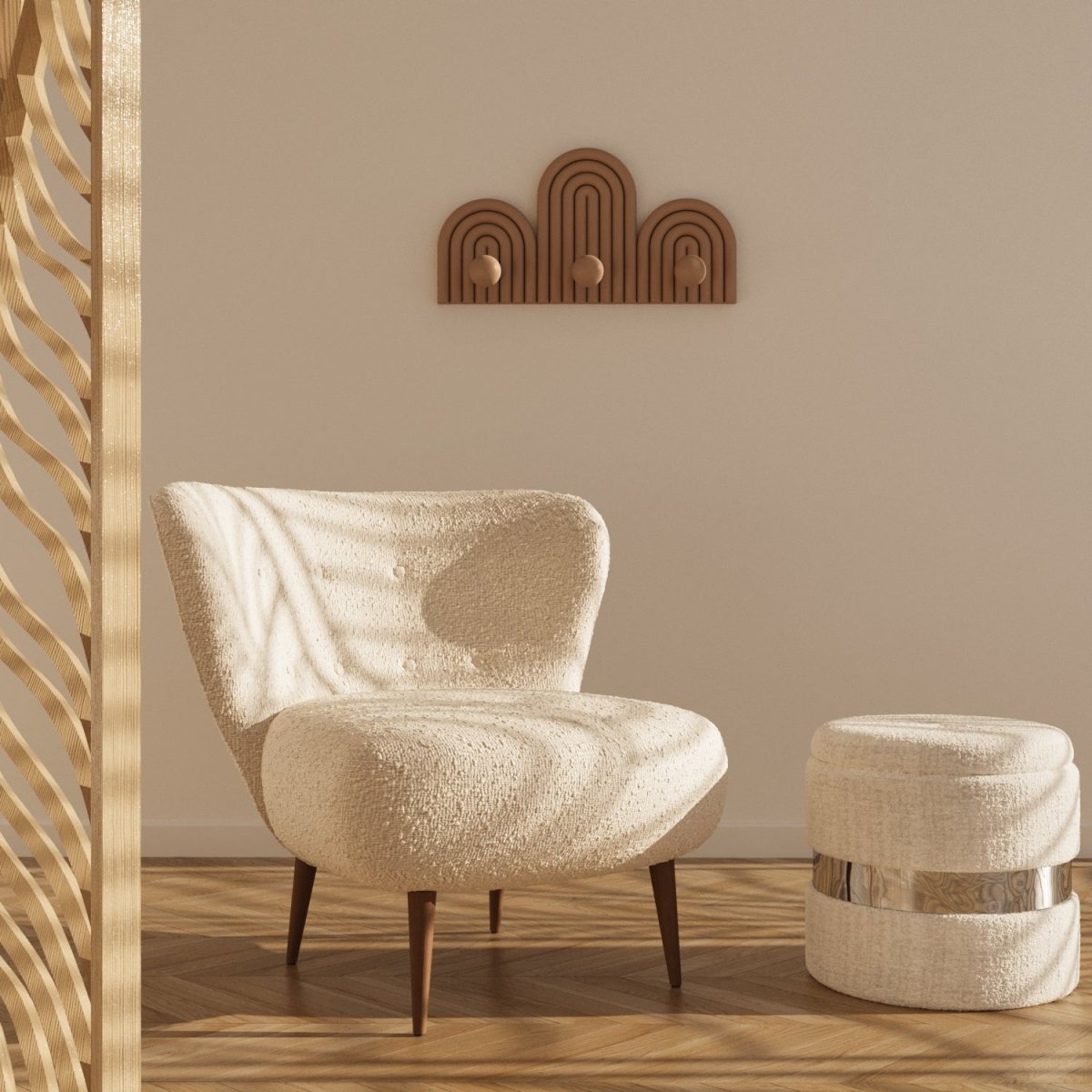 Fauteuil en tissu bouclette gris-crème et bois
