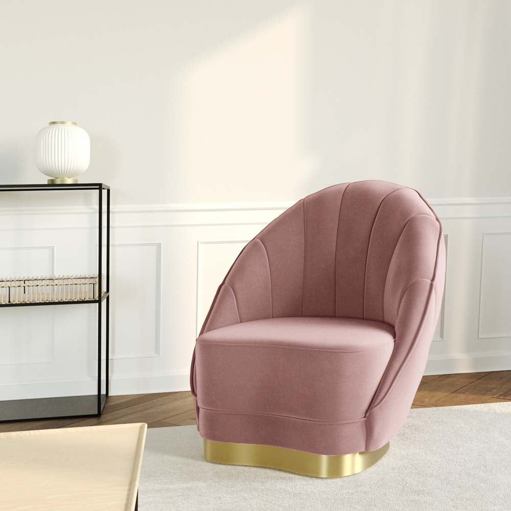 Fauteuil en velours rose vintage, piètement cerclage doré effet laiton