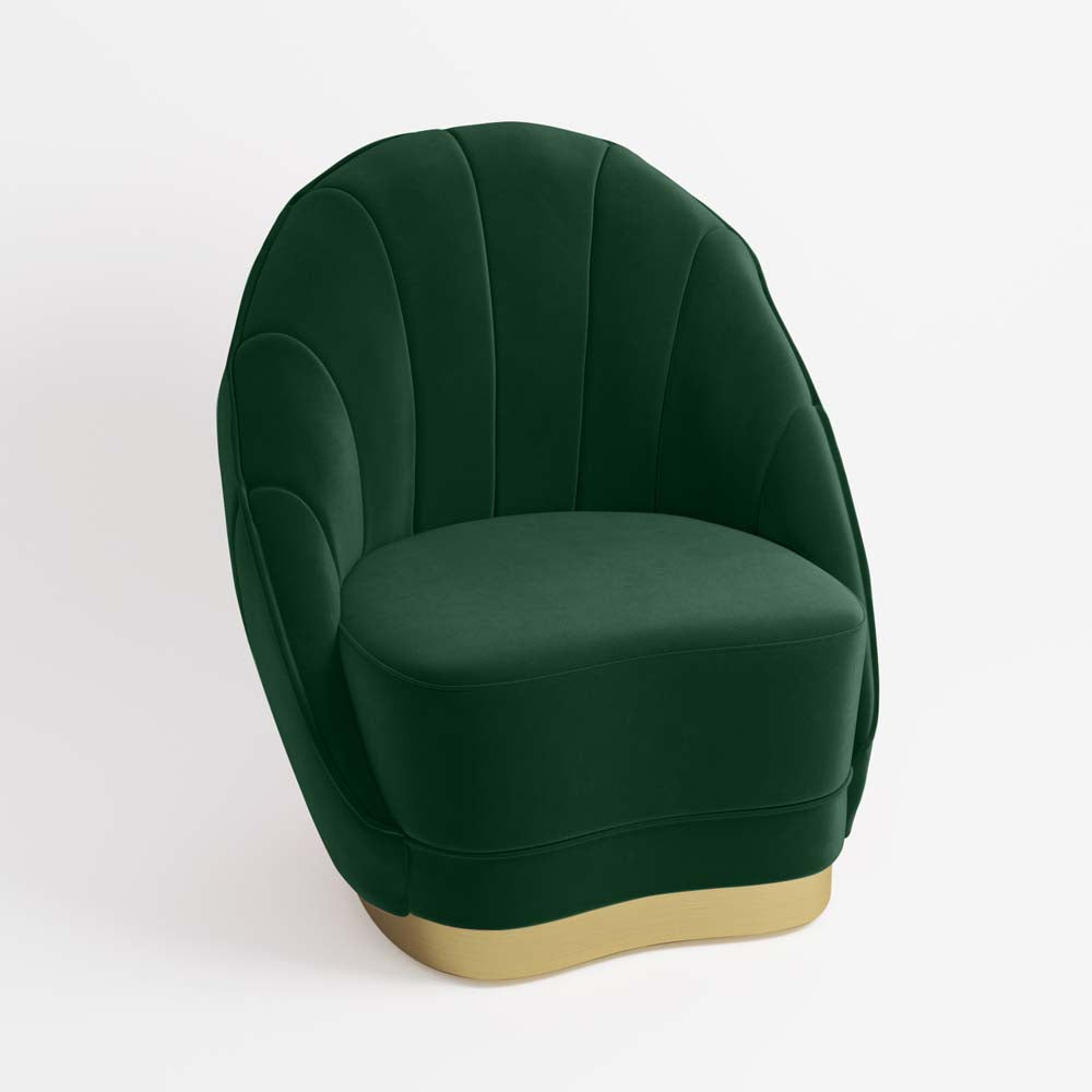 Fauteuil en velours vert sapin, piètement cerclage doré effet laiton