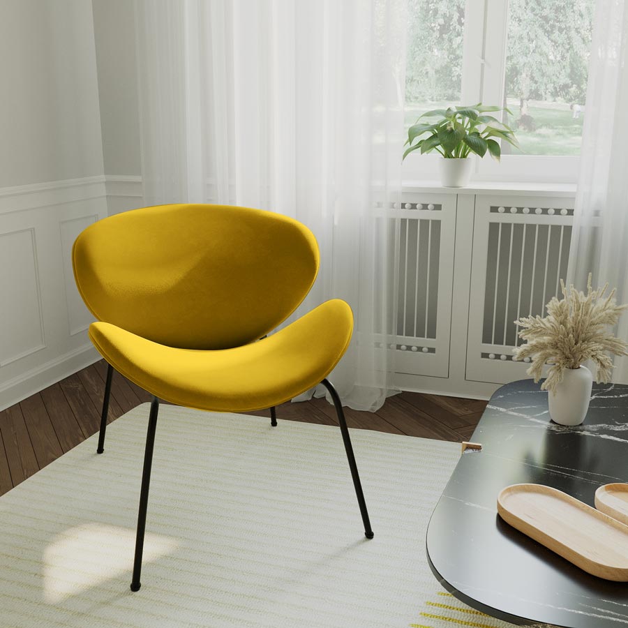 Fauteuil en velours jaune moutarde