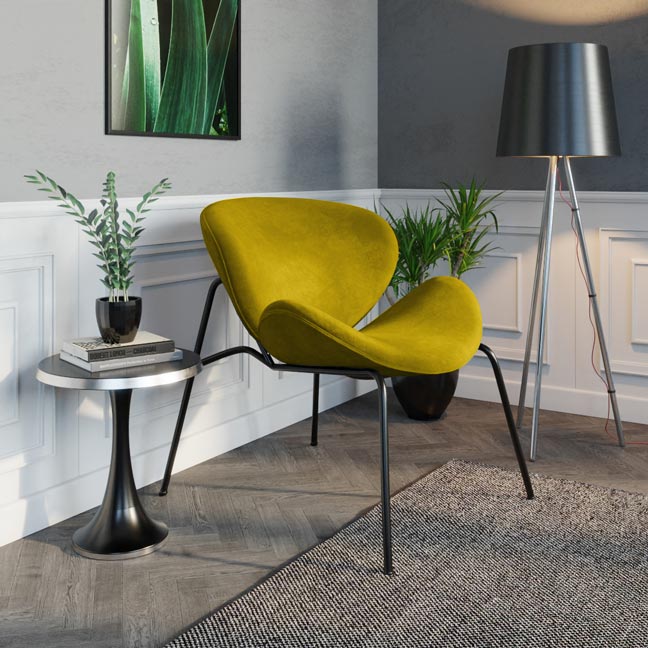 Fauteuil en velours jaune moutarde