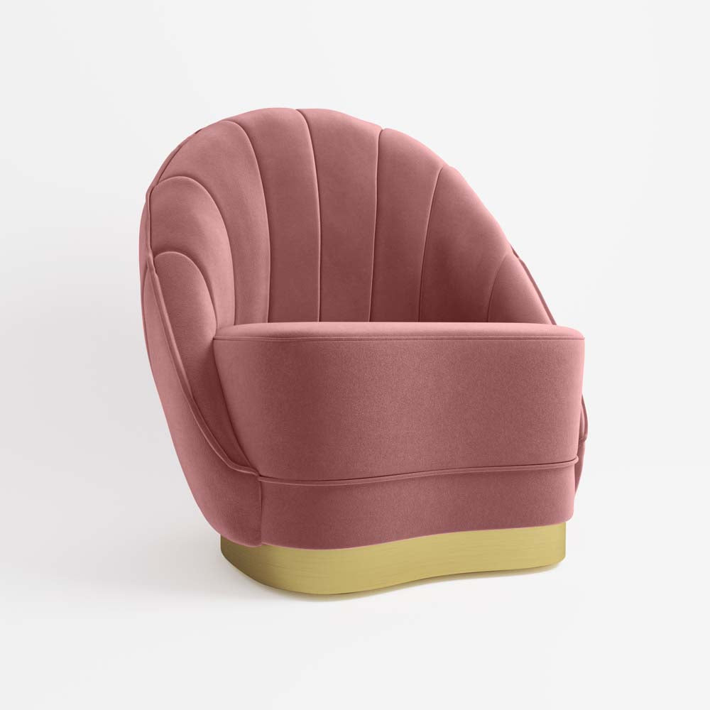Fauteuil en velours rose vintage, piètement cerclage doré effet laiton