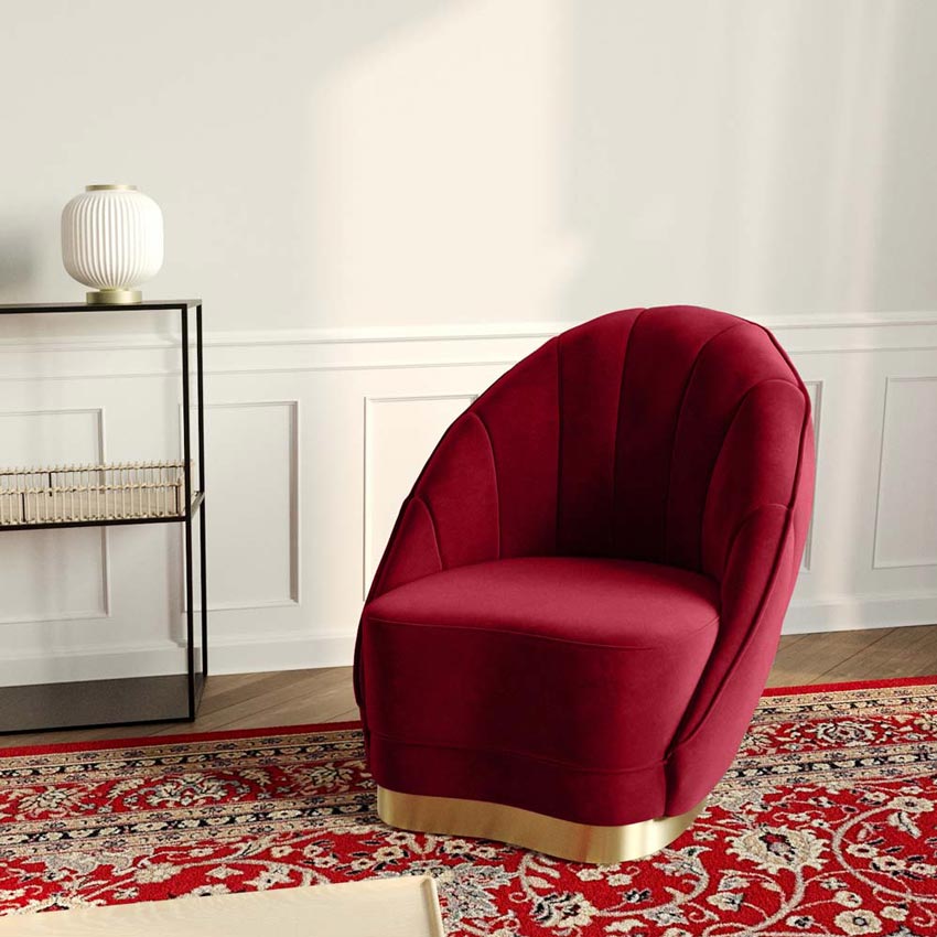 Fauteuil en velours bordeaux, piètement cerclage doré effet laiton