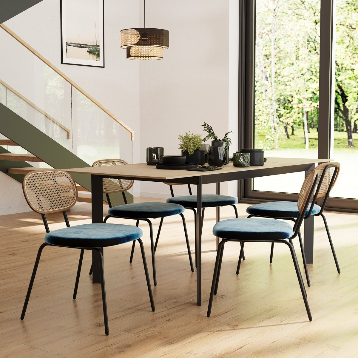 Lot de 2 chaises en rotin et velours bleu Gabrielle