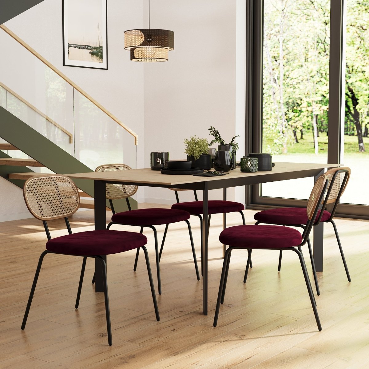 Lot de 2 chaises en rotin et velours bordeaux Gabrielle