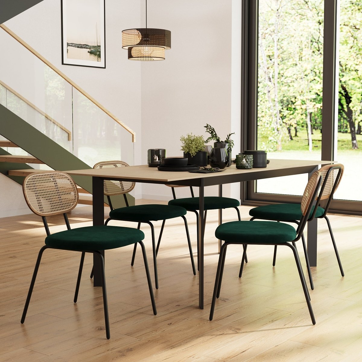 Lot de 2 chaises en rotin et velours vert Gabrielle