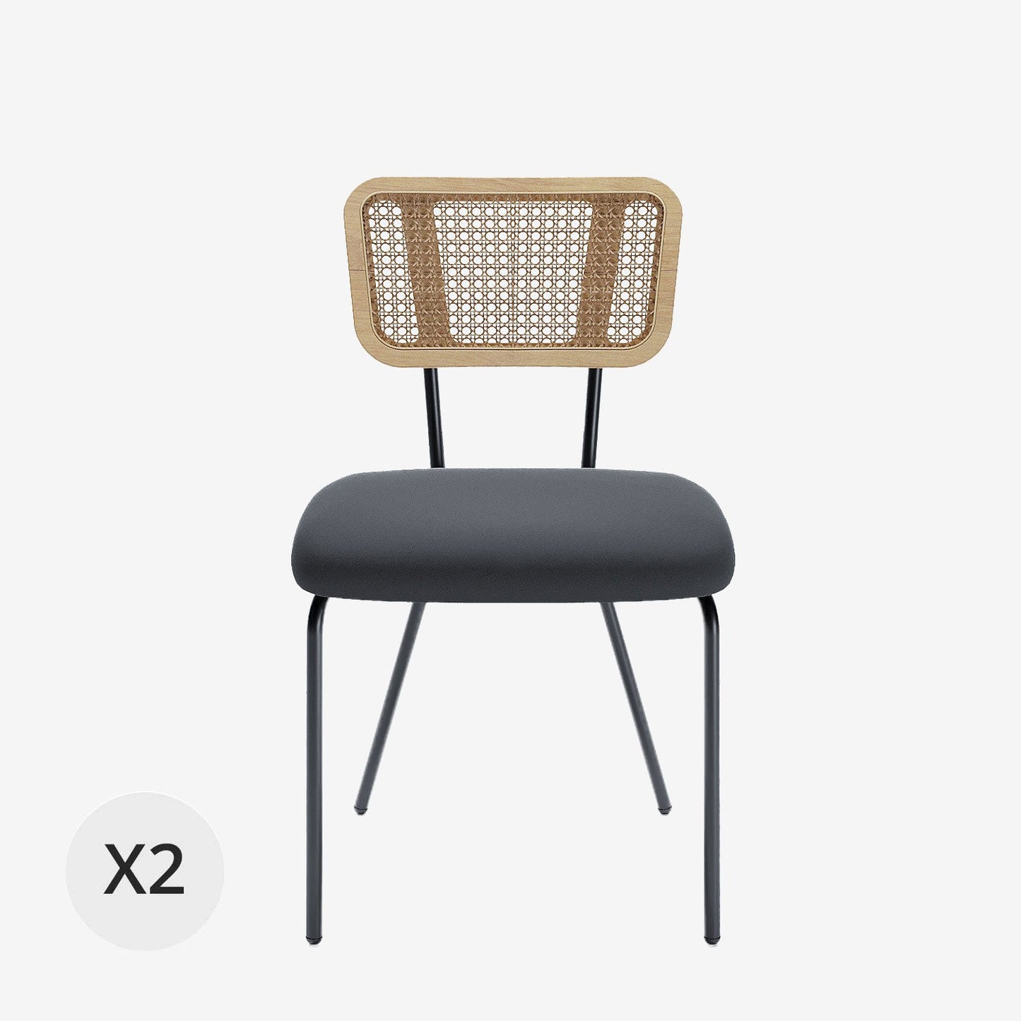 Lot de 2 chaises dossier rotin coussin velours noir Sofia