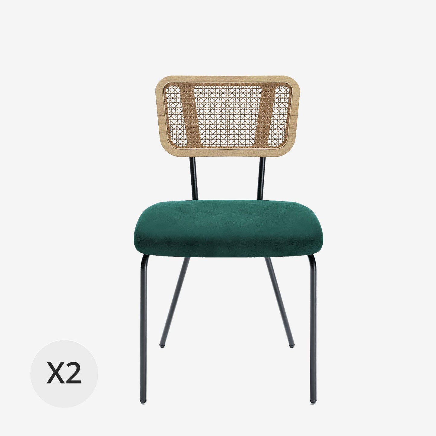 Lot de 2 chaises dossier rotin coussin velours vert Sofia