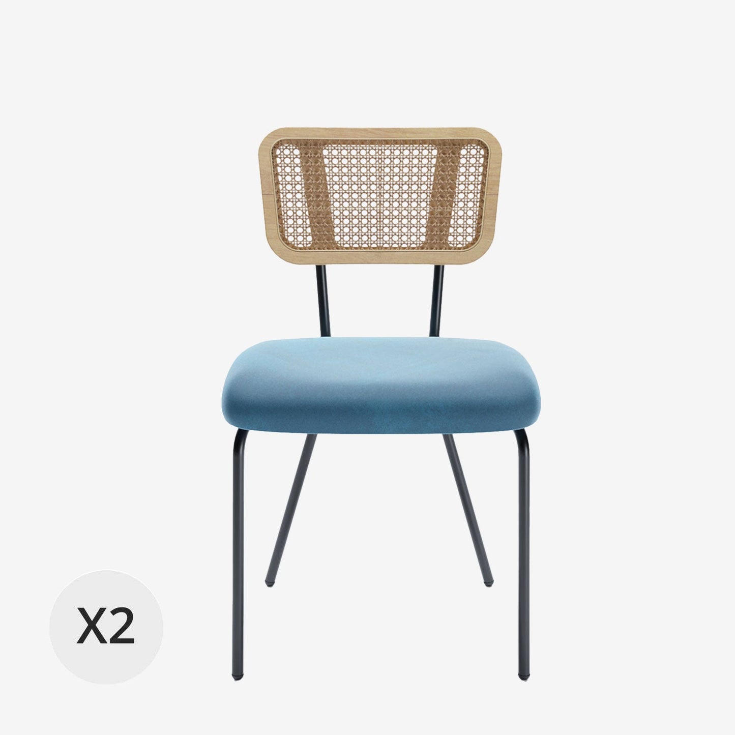 Lot de 2 chaises dossier rotin coussin velours bleu Sofia