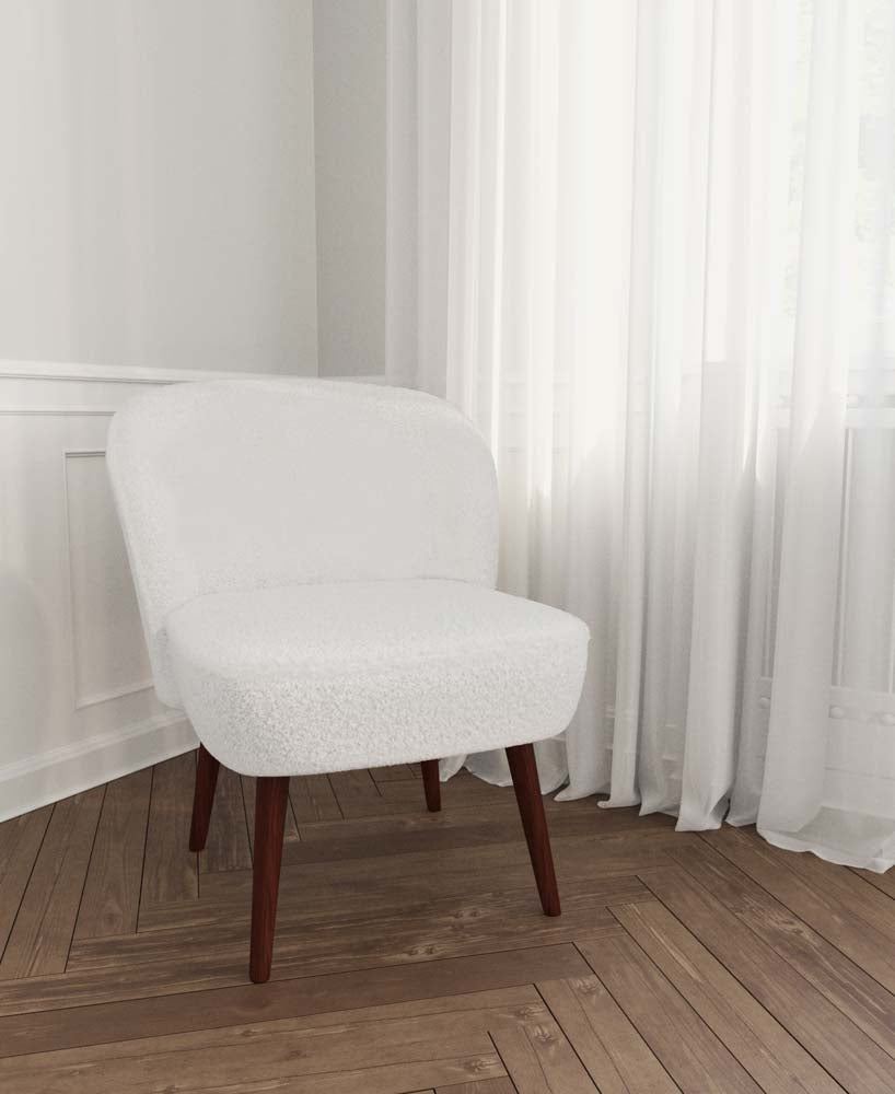 Petit fauteuil de salon, blanc effet laine bouclée