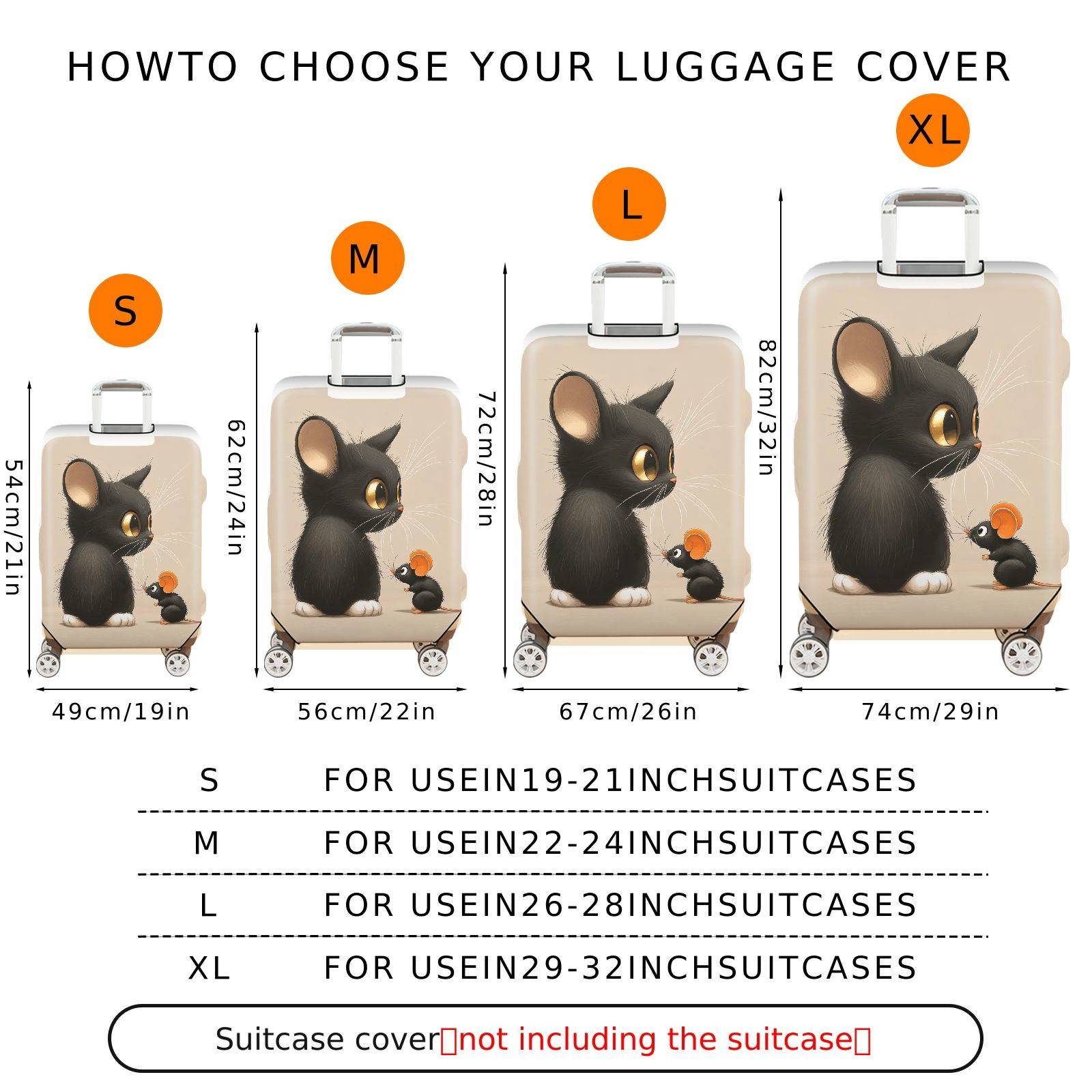 1-Piece Cute  Animal Black Cat Mouse Design  Suitcase Luggage Cover, Stretch Protective Sleeve