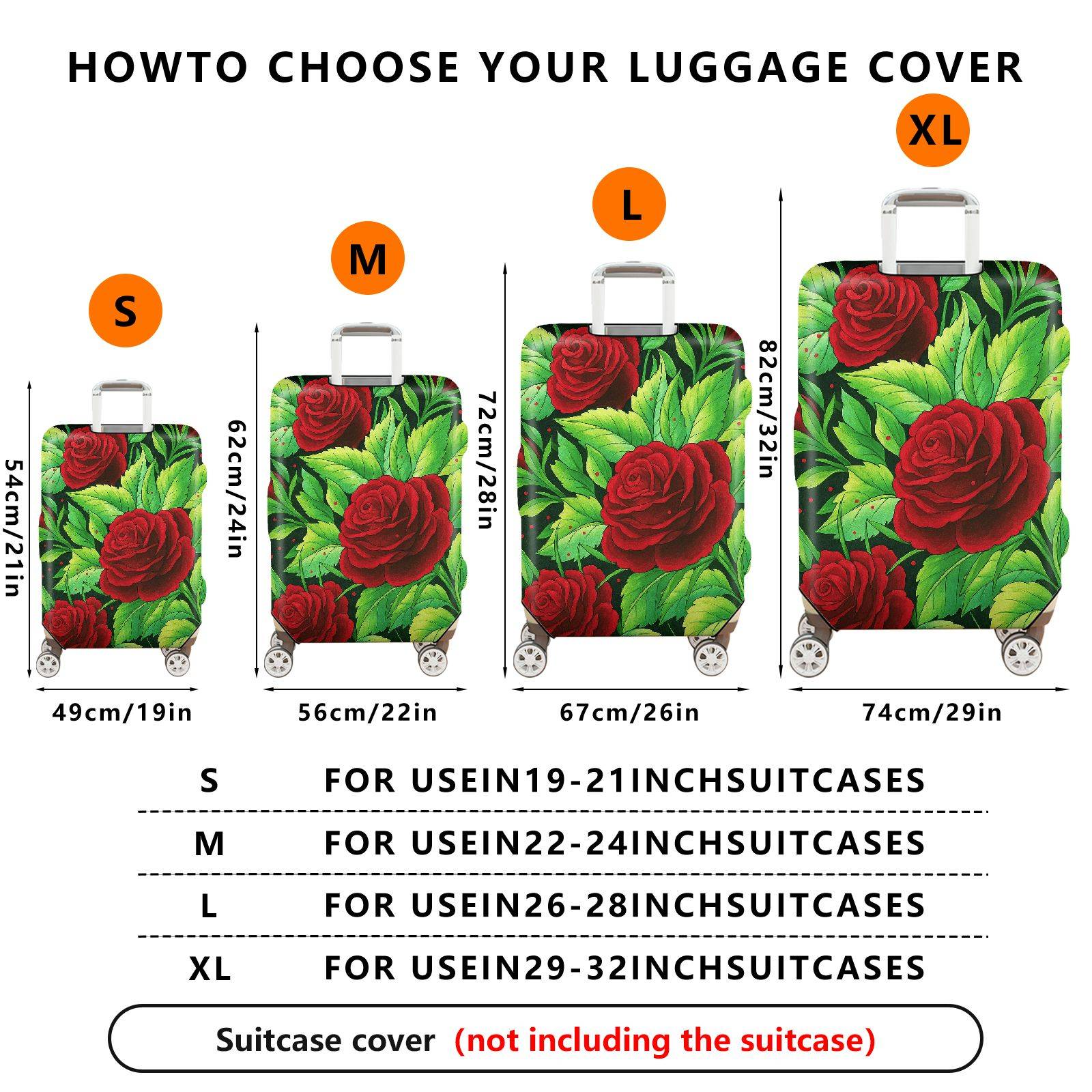 1-Piece Red Rose Green Leaf Floral  Suitcase Luggage Cover, Stretch Protective Sleeve