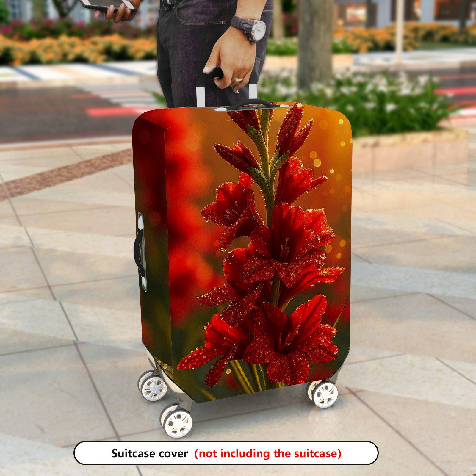 1-Piece Red Floral Sunset Dewy Glow Elegant Artistic  Suitcase Luggage Cover, Stretch Protective Sleeve