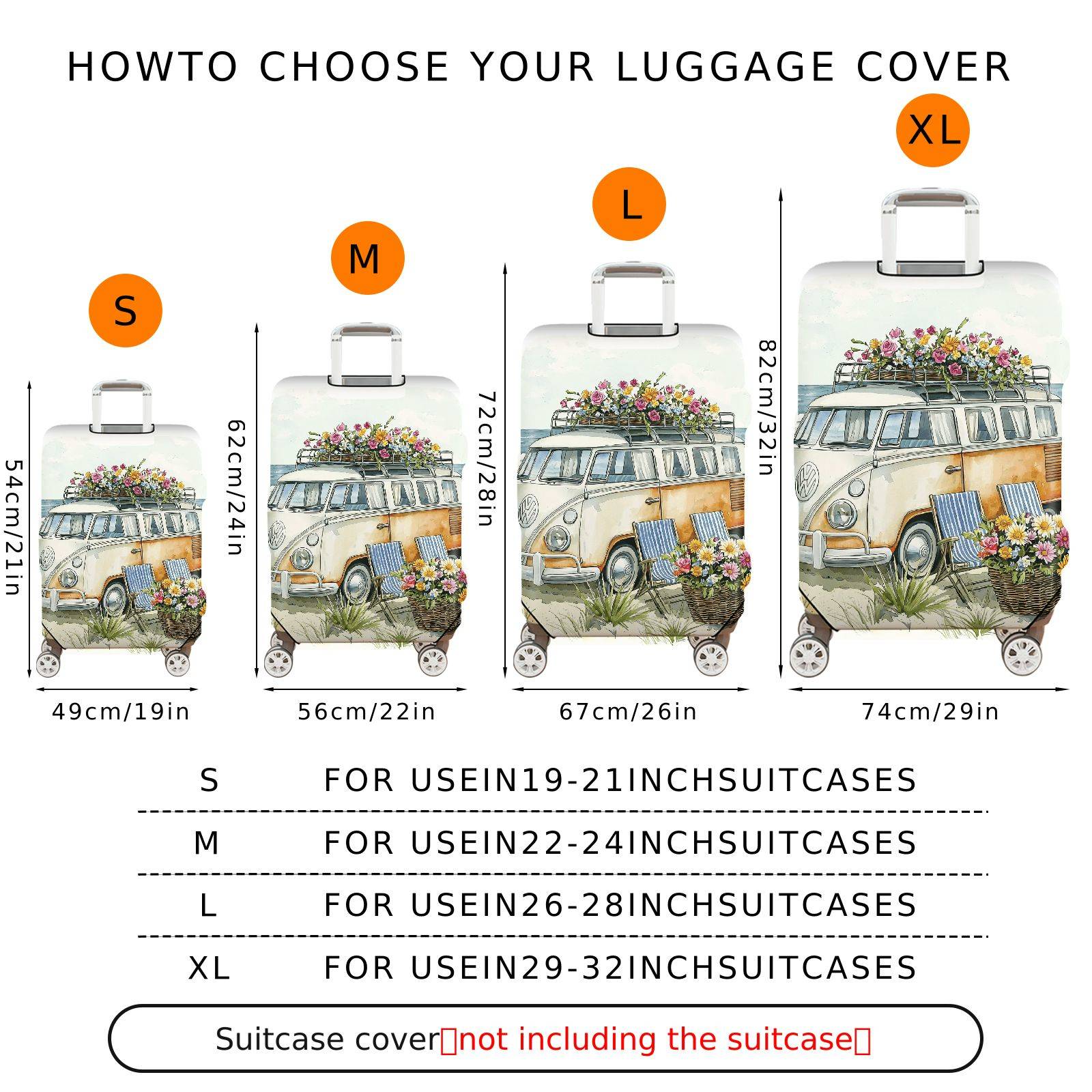 1-Piece Floral Beach Van Retro Nature Colorful  Suitcase Luggage Cover, Stretch Protective Sleeve