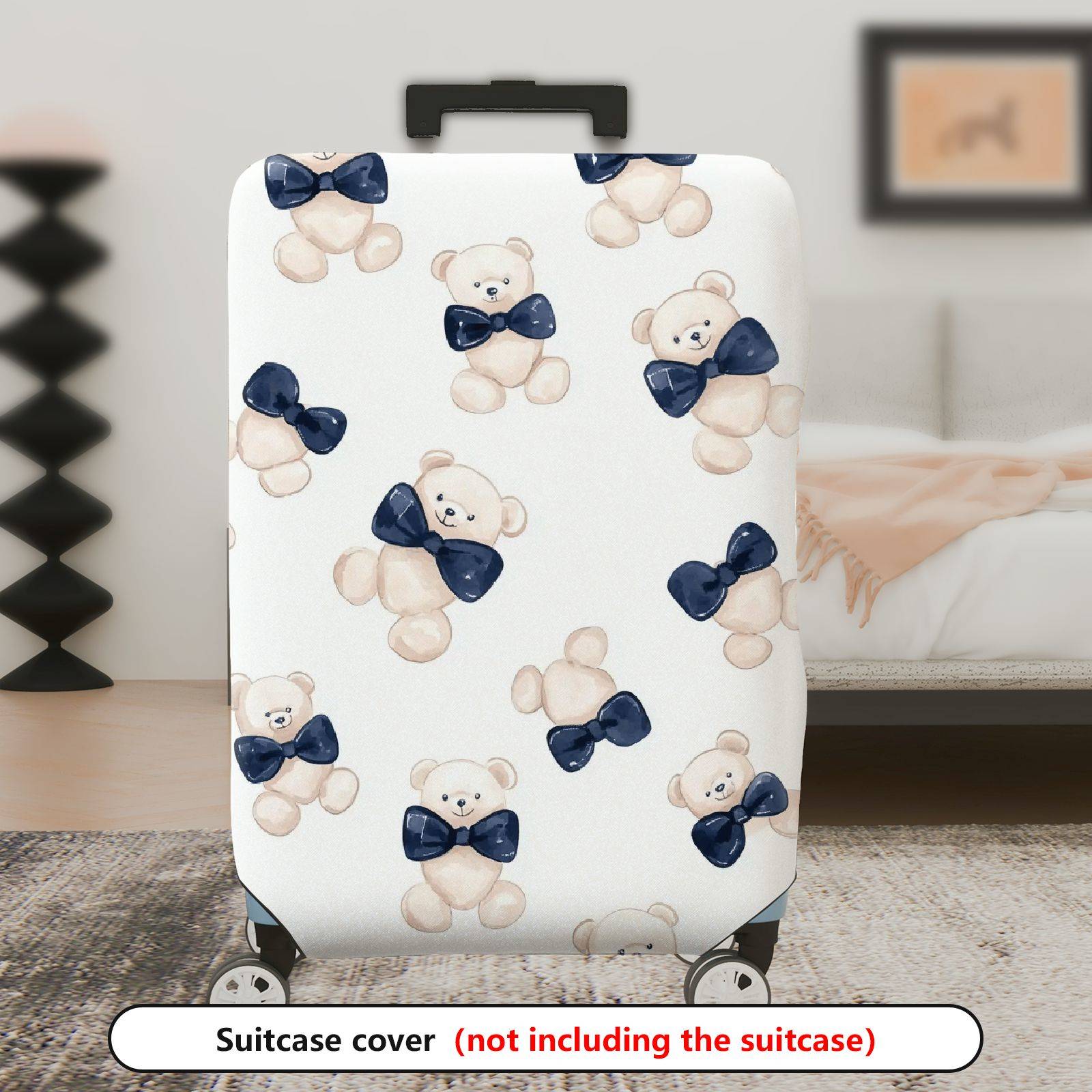1-Piece Cute Teddy Bear Blue Bow Tie  Fun Playful  Suitcase Luggage Cover, Stretch Protective Sleeve