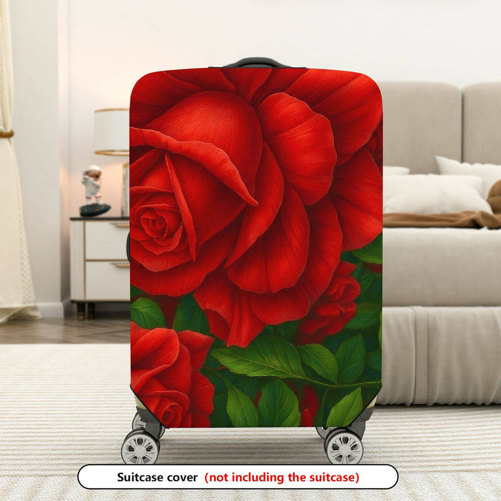 1-Piece Red Green Floral Leaves Rose  Suitcase Luggage Cover, Stretch Protective Sleeve